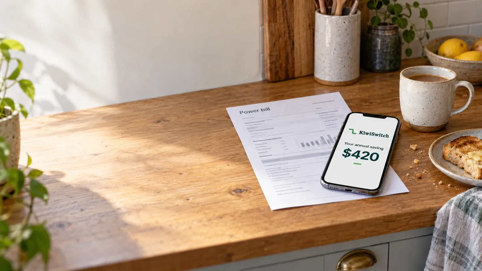 A power bill and phone showing an example saving on a kitchen bench