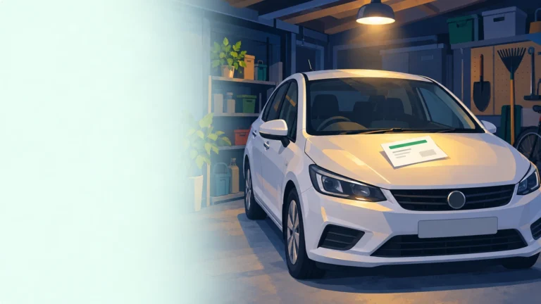 A white car parked in a garage at night under a single light, with an insurance renewal letter resting on the bonnet