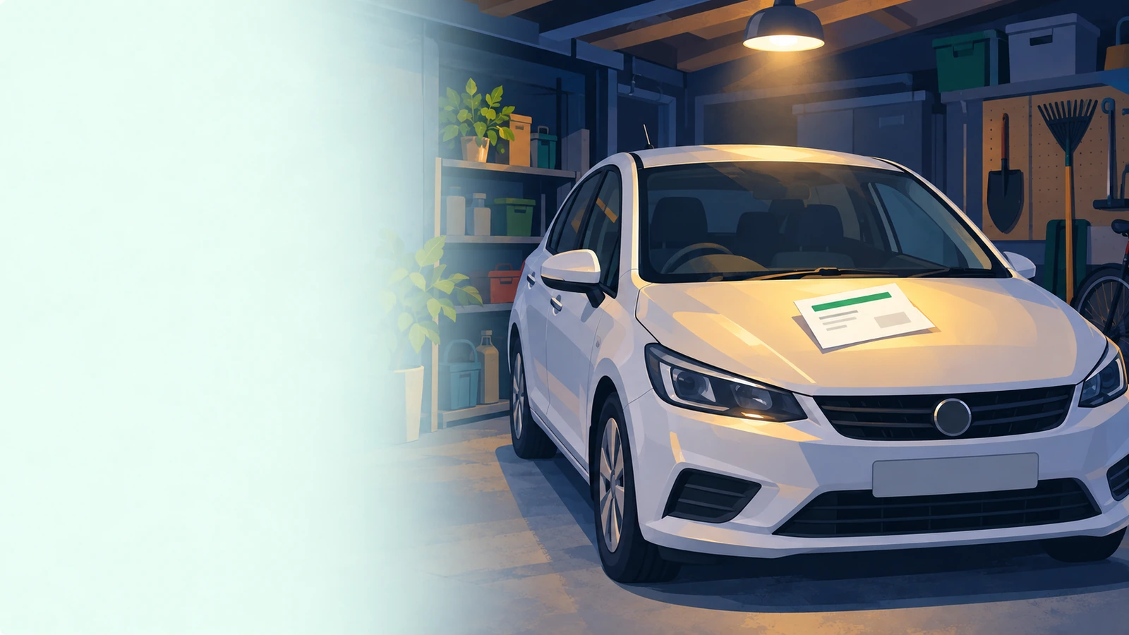 A white car parked in a garage at night under a single light, with an insurance renewal letter resting on the bonnet