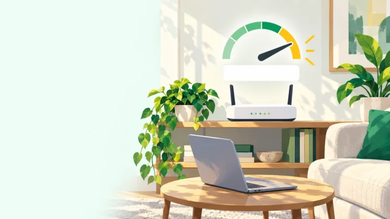 A white router and an open laptop on a living-room table with a speed meter above them pointing into the green zone