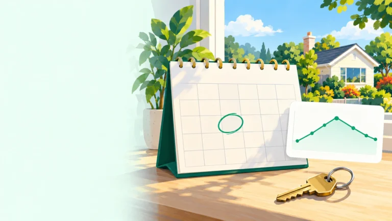 A desk calendar with a date circled in green, a set of house keys and a small chart of a rate line rising and falling, with a house visible through the window behind