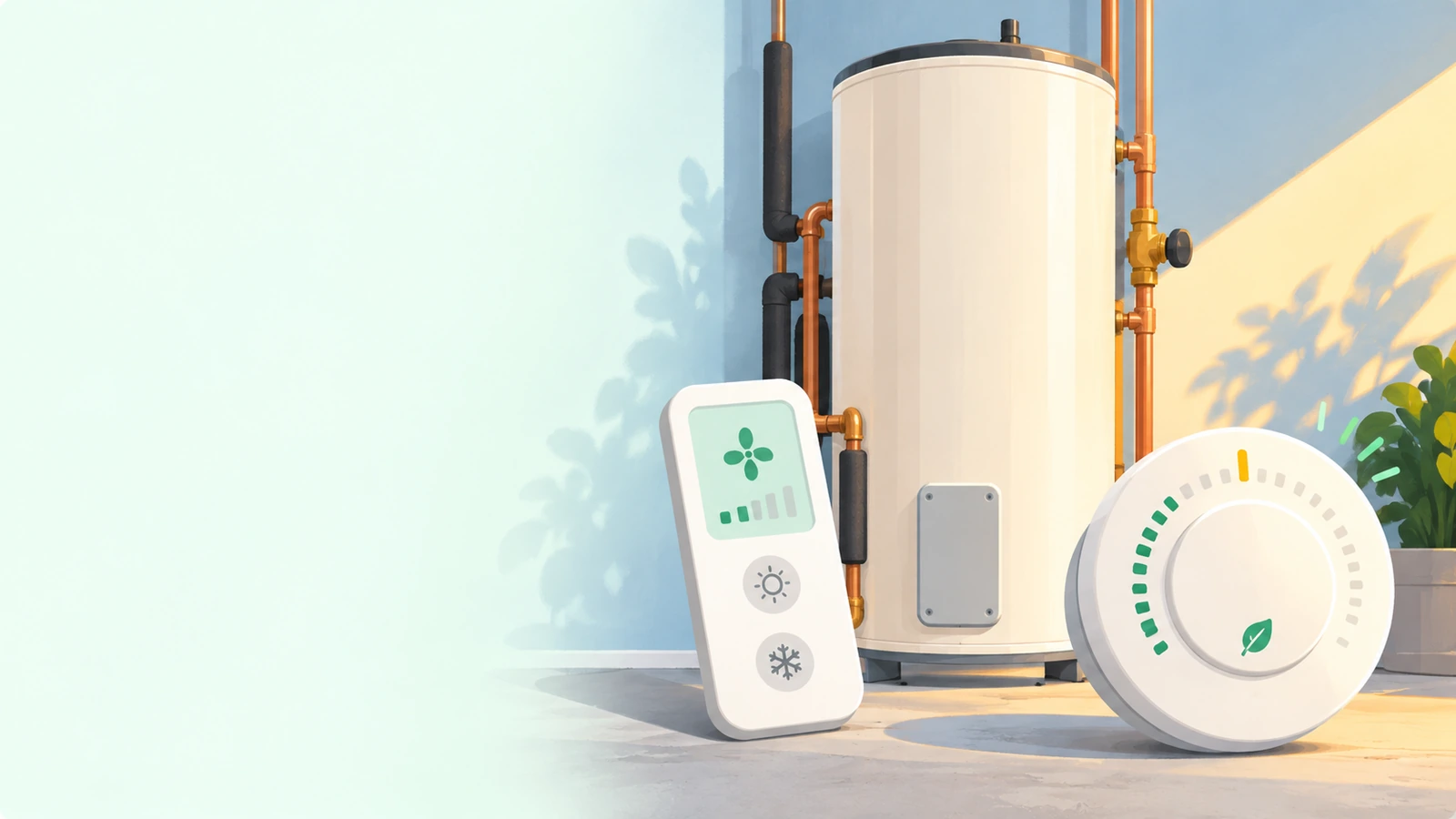 A cream hot-water cylinder, a heat-pump remote and a round thermostat dial against a pale mint wall